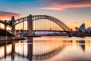 il sydney porto ponte e musica lirica Casa a tramonto. ai-generato foto