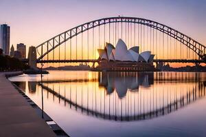 il sydney musica lirica Casa e ponte a tramonto. ai-generato foto