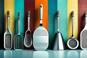 un' collezione di cucina utensili contro un' colorato parete. ai-generato foto