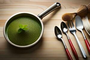 un' padella con verde la minestra e utensili su un' di legno tavolo. ai-generato foto