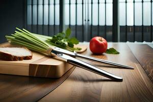 un' taglio tavola con un' coltello e alcuni verdure. ai-generato foto