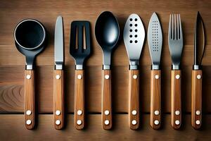 un' collezione di cucina utensili su un' di legno tavolo. ai-generato foto