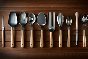 un' collezione di cucina utensili su un' di legno tavolo. ai-generato foto
