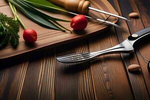 un' coltello, forchetta e verdure su un' di legno taglio tavola. ai-generato foto