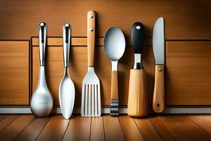 un' gruppo di cucina utensili siamo foderato su su un' di legno superficie. ai-generato foto