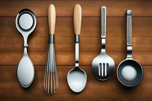 un' collezione di cucina utensili su un' di legno tavolo. ai-generato foto