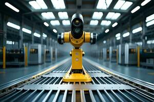 un' giallo robot è in piedi nel un' fabbrica. ai-generato foto