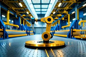 un' robot è seduta nel un' fabbrica con giallo e nero parti. ai-generato foto