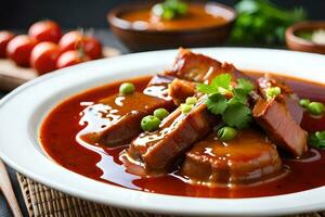 un' piatto di carne e salsa con verdure. ai-generato foto