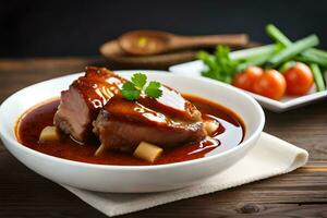 un' ciotola di carne e salsa su un' di legno tavolo. ai-generato foto