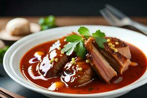 un' ciotola di carne e salsa con funghi. ai-generato foto