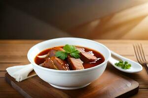 Cinese cibo con carne e verdure nel un' ciotola. ai-generato foto