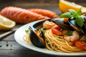 spaghetti con cozze e salmone su un' piatto. ai-generato foto