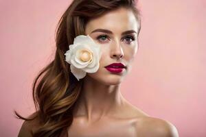 bellissimo donna con fiore su rosa sfondo. ai-generato foto