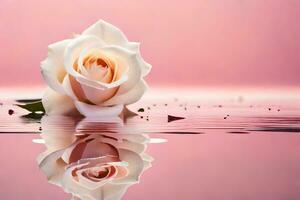 un' singolo rosa è riflessa nel acqua su un' rosa sfondo. ai-generato foto