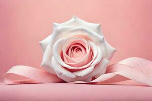 un' bianca rosa con un' nastro su un' rosa sfondo. ai-generato foto