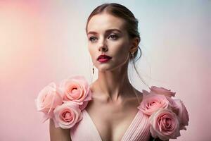 bellissimo donna nel rosa vestito con Rose. ai-generato foto