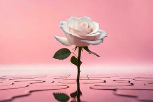 un' singolo rosa è in piedi su un' rosa sfondo. ai-generato foto