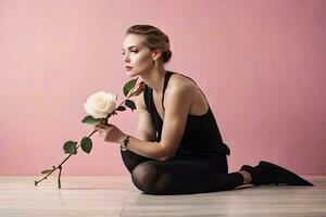 un' donna è seduta su il pavimento Tenere un' rosa. ai-generato foto