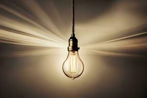 un' leggero lampadina è sospeso a partire dal un' filo. ai-generato foto