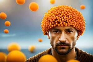 un' uomo con un' cappello fatto di arance. ai-generato foto