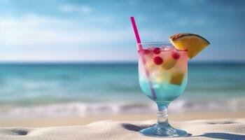 cocktail bicchiere su il sabbioso spiaggia vicino il mare nel estate volta. generativo ai foto