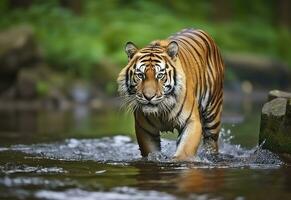 amur tigre a piedi nel il acqua. pericoloso animale. animale nel un' verde foresta flusso. generativo ai foto