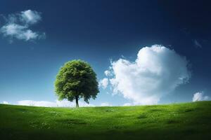 verde campo e albero su blu cielo. ai generativo foto