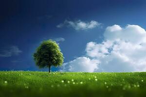 verde campo e albero su blu cielo. ai generativo foto