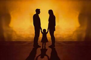 ombra di contento famiglia insieme, genitori con loro poco bambino a tramonto. un' silhouette di amore e unità. ai generativo foto