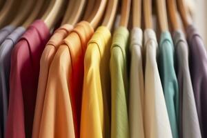 colorato Abiti su un' capi di abbigliamento cremagliera, pastello colorato guardaroba nel un' shopping memorizzare o Camera da letto, arcobaleno colore Abiti scelta su grucce, casa armadio concetto Immagine. ai generativo foto