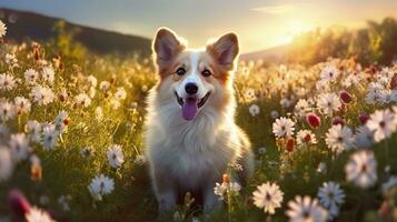 affascinante corgi cane con fiori nel il primavera. generativo ai foto