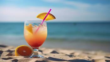 cocktail bicchiere su il sabbioso spiaggia vicino il mare nel estate volta. generativo ai foto