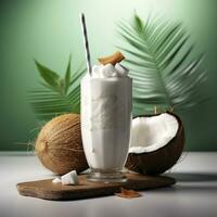 Noce di cocco latte shake bicchiere con fresco affettato Noce di cocco. generativo ai foto
