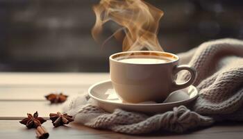 tazza di cottura a vapore tè caffè, a maglia lenzuolo, e cannella anice. generativo ai foto