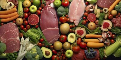 diverso tipi di carni, la verdura, e frutta posare nel supermercati. generativo ai foto