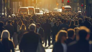 folla di persone a piedi occupato città strada retroilluminato. generativo ai foto