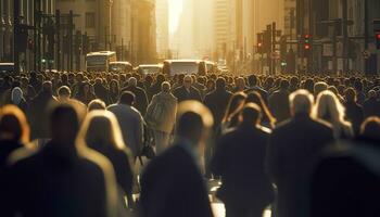 folla di persone a piedi occupato città strada retroilluminato. generativo ai foto