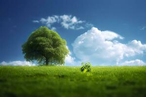verde campo e albero su blu cielo. ai generativo foto