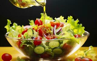 Salute benefici di salutare insalata, nel il stile di preciso dettagliare, liscio e brillante. generativo ai foto