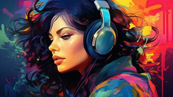 un illustrazione di colorato ritratto di un' persona ascoltando per musica mentre indossare cuffie foto