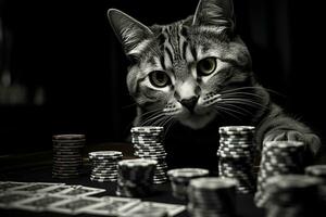 un' gatto a un' poker tavolo con pile di patatine fritte nel nero e bianca. gioco d'azzardo concetto. generato di artificiale intelligenza foto