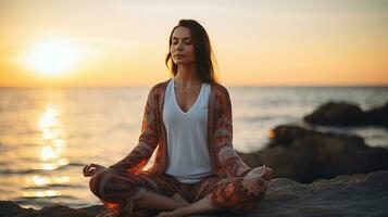 un' donna Meditare nel il loto posizione su il spiaggia a tramonto. ai generativo foto