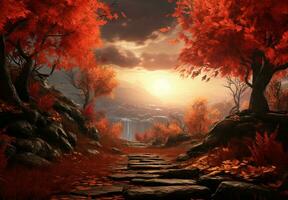 il maggior parte bellissimo rosso autunno foresta nel il mondo e autunno sfondo. generativo ai foto
