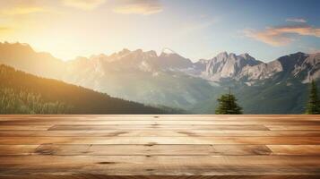 vuoto di legno tavolo con montagne nel il sfondo. ai generativo foto
