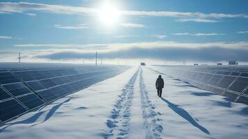 un' uomo a piedi nel il neve vicino solare pannelli. generativo ai foto