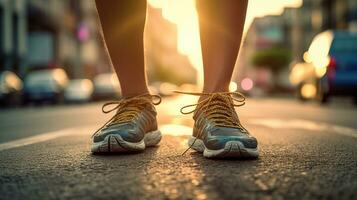 persona indossare scarpe da ginnastica a piedi giù un' strada. ai generativo foto