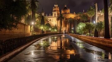 notte Visualizza di alcazar di siviglia. generativo ai foto