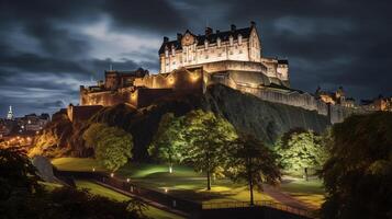 notte Visualizza di Edimburgo castello. generativo ai foto