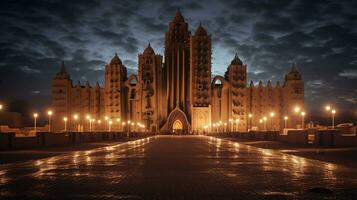 notte Visualizza di grande moschea di djenne. generativo ai foto